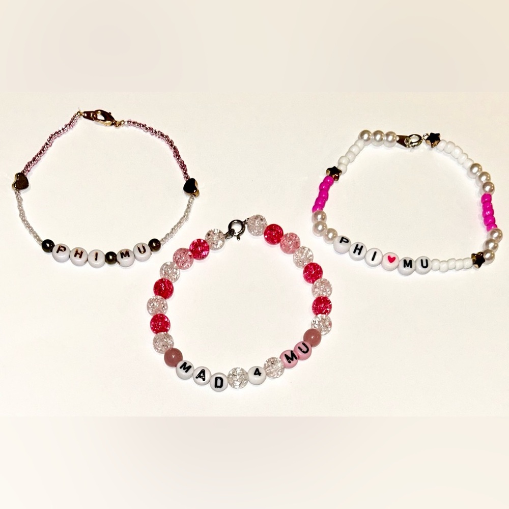 3 Pack Sorority Phi Mu Beaded Friendship Bracelets